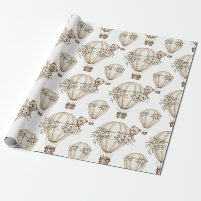 Cute Teddy Bear Hot Air Balloon Neutral Pattern 6 Wrapping Paper (Unrolled)