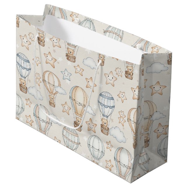 Cute Teddy Bear Hot Air Balloon Neutral Pattern 7 Large Gift Bag (Front Angled)