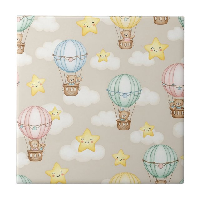 Cute Teddy Bear Hot Air Balloon Neutral Pattern 7 Tile (Front)