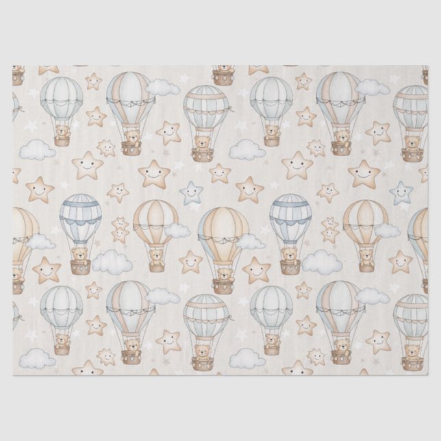 Cute Teddy Bear Hot Air Balloon Neutral Pattern 7 Tissue Paper (Front)