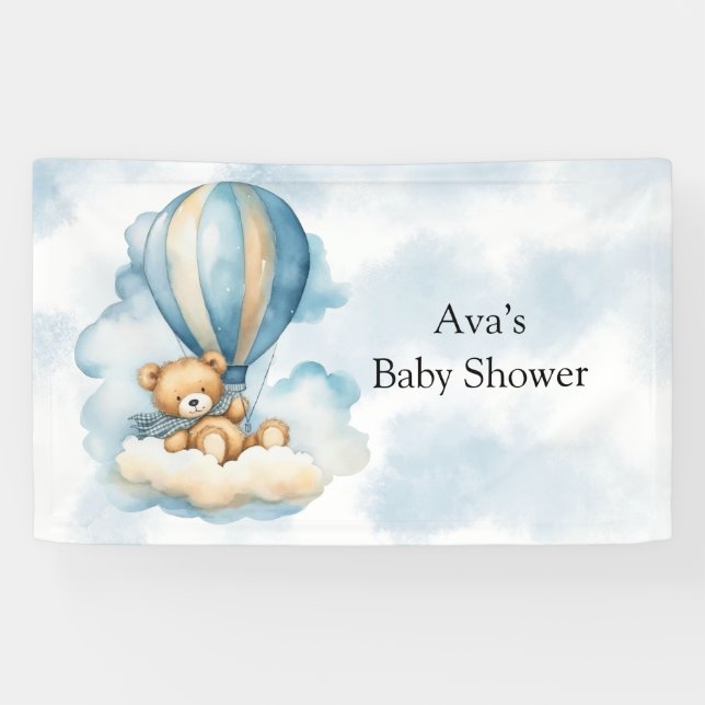 Cute Teddy Bear Hot Air Balloons Baby Shower Banner (Horizontal)