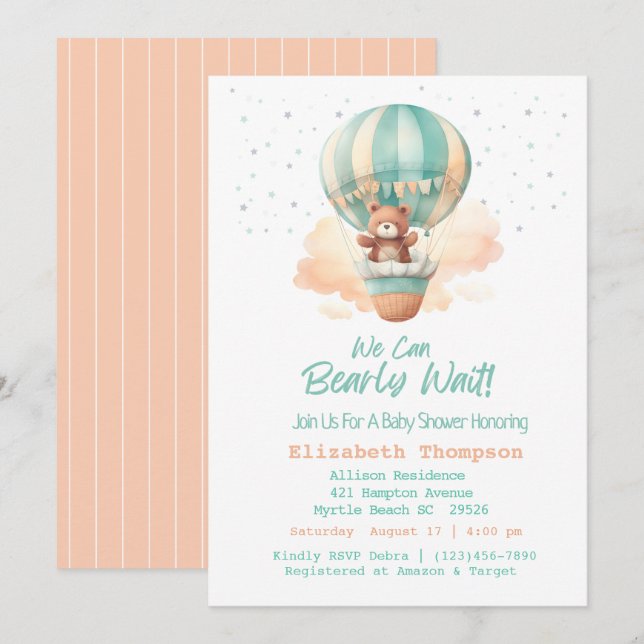 Cute Teddy Bear Hot Air Balloons Baby Shower   Invitation (Front/Back)