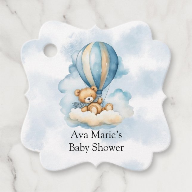 Cute Teddy Bear Hot Air Balloons Boy Baby Shower Favour Tags (Front)