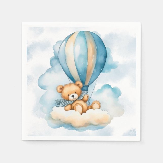 Cute Teddy Bear Hot Air Balloons Boy Baby Shower Napkin (Front)