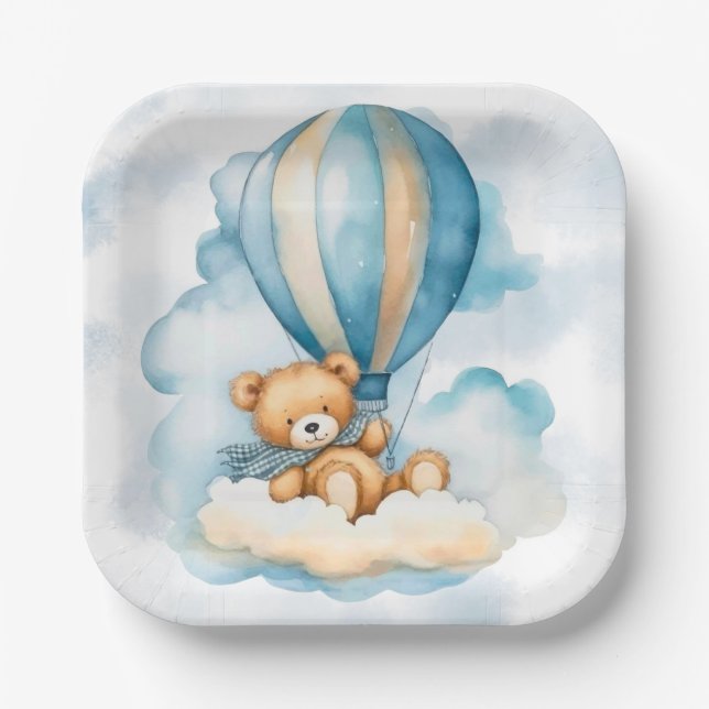Cute Teddy Bear Hot Air Balloons Boy Baby Shower Paper Plate (Front)
