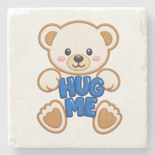 Cute Teddy Bear Hug Me Embroidery Style Cute Bear Stone Coaster