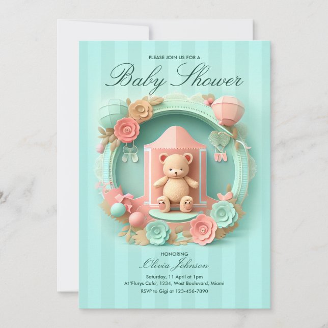 Cute Teddy Bear in a Frame | Baby Shower Invitatio Invitation (Front)