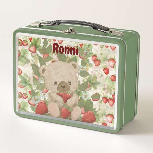  cute teddy bear in a strawberry metal lunch box (Front)