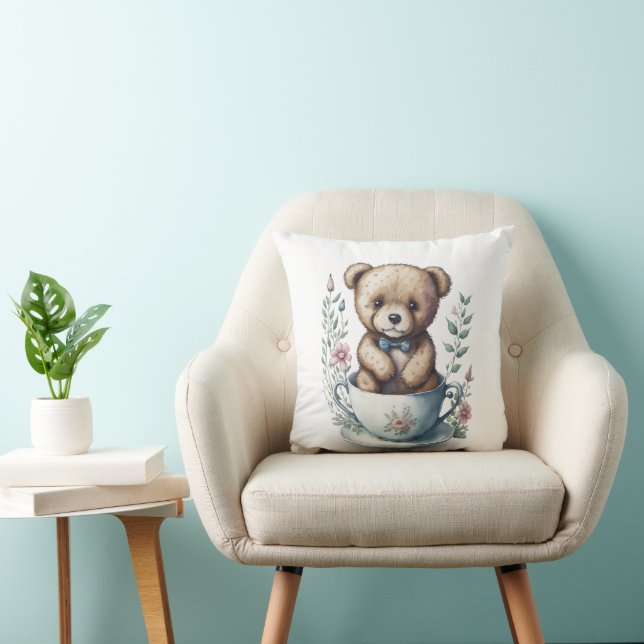 Cute Teddy Bear in a Teacup with Flowers Cushion (Chair)