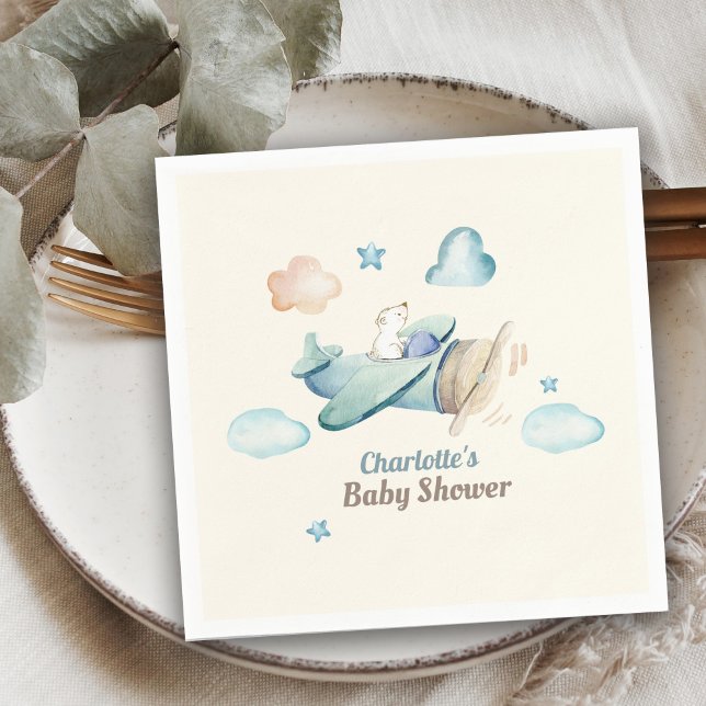 Cute Teddy Bear in Aeroplane Baby Shower Napkin (Creator Uploaded)