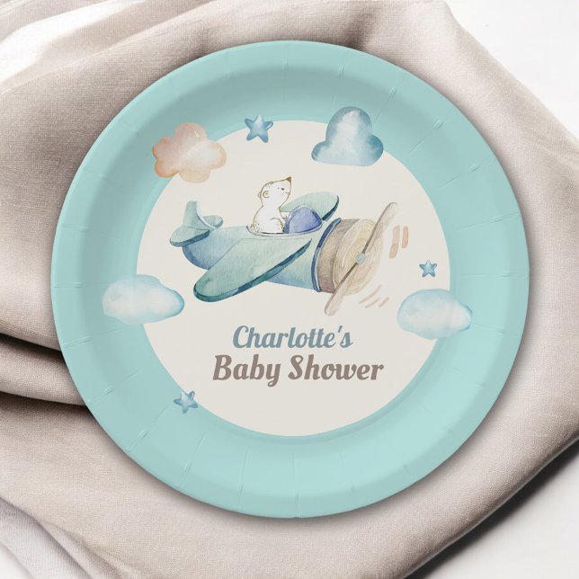 Cute Teddy Bear in Aeroplane Baby Shower Paper Plate (Creator Uploaded)
