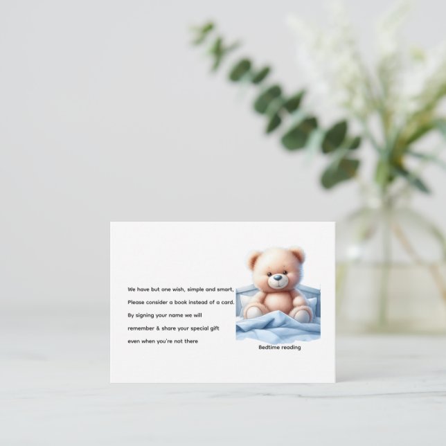Cute Teddy Bear in Blue Bed Baby Book Request Enclosure Card (Standing Front)