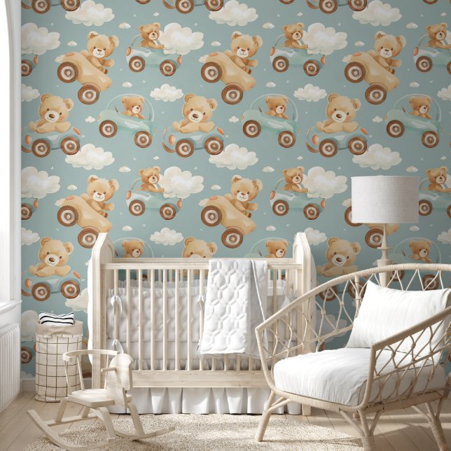 Cute Teddy Bear in Car Clouds White Blue Nursery  Wallpaper (Kids)