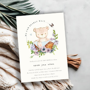 Cute Teddy Bear In Flower Basket Blue Baby Shower Invitation