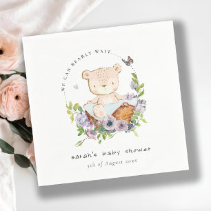 Cute Teddy Bear In Flower Basket Blue Baby Shower Napkin