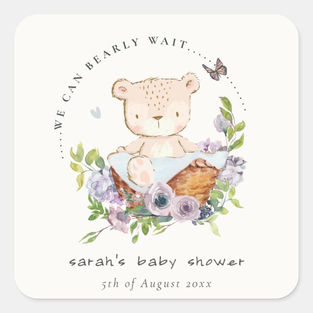 Cute Teddy Bear In Flower Basket Blue Baby Shower Square Sticker (Front)