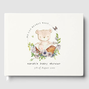 Cute Teddy Bear In Flower Basket Green Baby Shower Guest Book