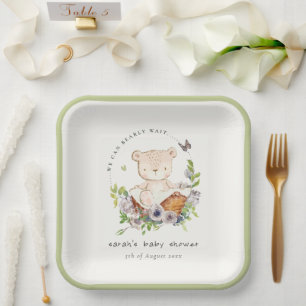 Cute Teddy Bear In Flower Basket Green Baby Shower Paper Plate