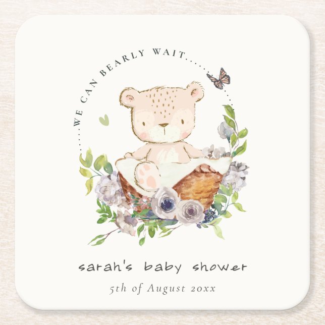 Cute Teddy Bear In Flower Basket Green Baby Shower Square Paper Coaster (Front)
