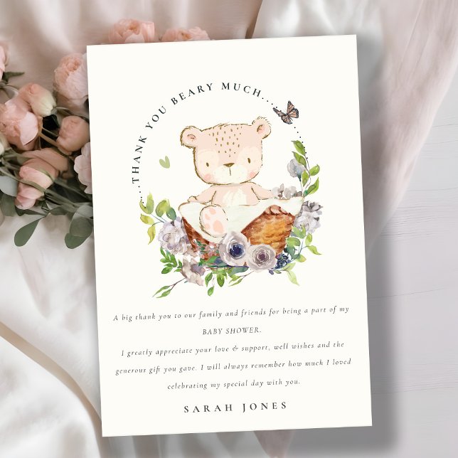 Cute Teddy Bear In Flower Basket Green Baby Shower Thank You Card (Creator Uploaded)