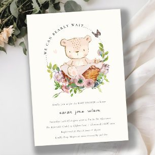 Cute Teddy Bear In Flower Basket Pink Baby Shower Invitation