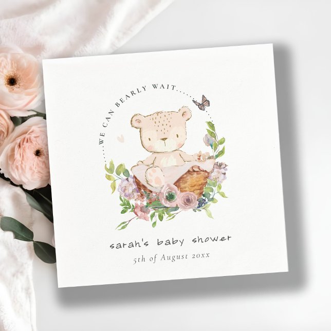 Cute Teddy Bear In Flower Basket Pink Baby Shower Napkin (Creator Uploaded)