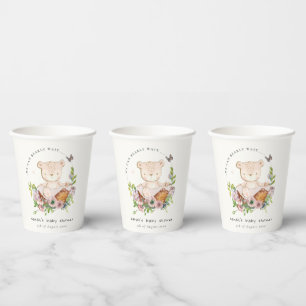 Cute Teddy Bear In Flower Basket Pink Baby Shower Paper Cups