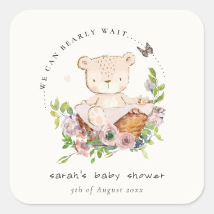Cute Teddy Bear In Flower Basket Pink Baby Shower Square Sticker