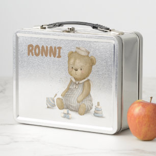 cute teddy bear in flowers metal lunch box