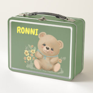 cute teddy bear in flowers metal lunch box