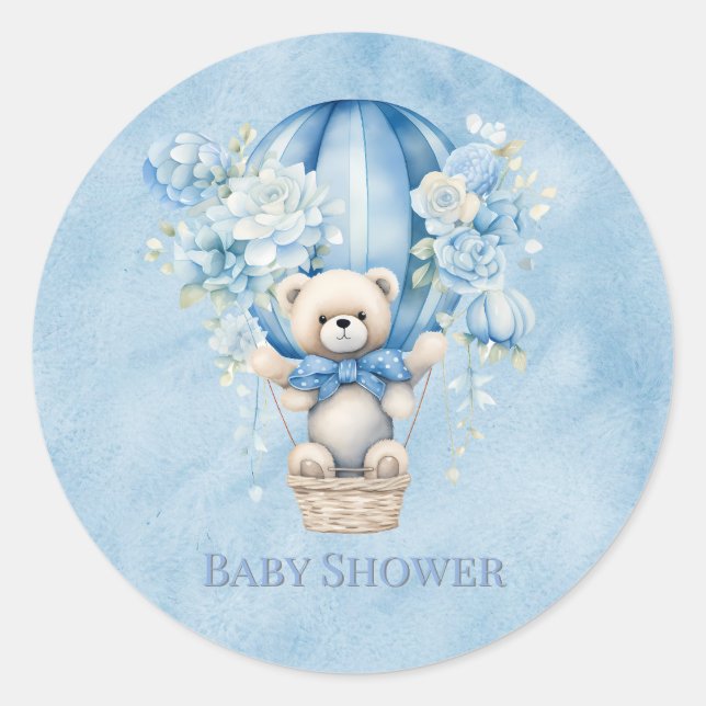 Cute Teddy Bear In Hot Air Balloon Boy Baby Shower Classic Round Sticker (Front)