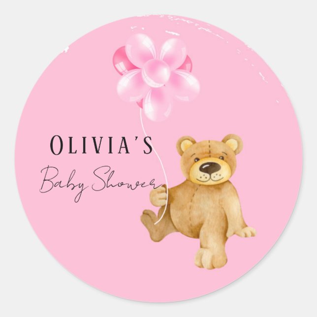 Cute Teddy Bear In Pink Paint Balloons Baby Shower Classic Round Sticker (Front)
