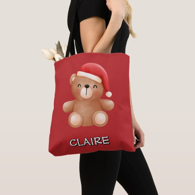 Cute Teddy Bear in Santa Hat Custom Name Tote Bag (Close Up)