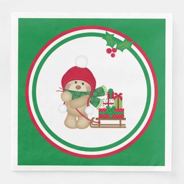 Cute Teddy Bear in Winter Hat Sled of Gifts Napkin (Front)