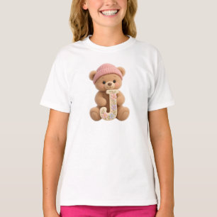 Cute Teddy Bear Initial J Floral Girls T-Shirt