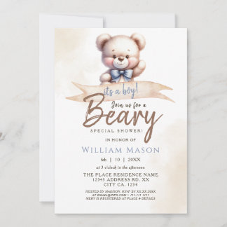 Cute Teddy Bear I's a Boy Baby Shower Watercolor Invitation