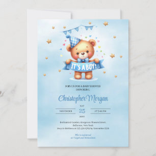Cute teddy bear it's a boy baby shower invitation