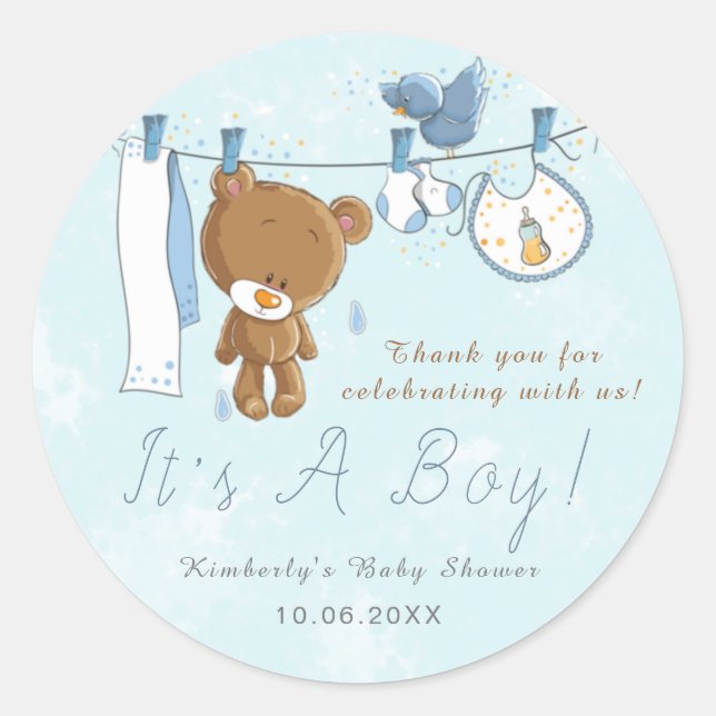 Cute Teddy Bear It's A Boy Blue Thank You Classic Round Sticker (Front)