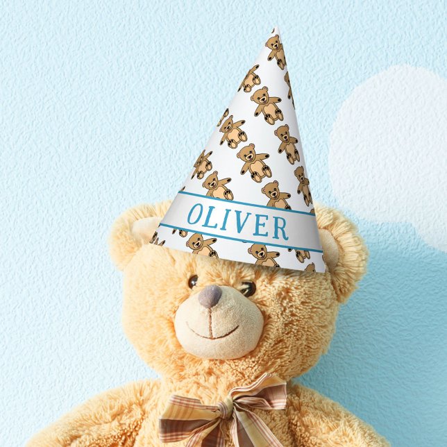 Cute Teddy Bear Kids Birthday Name Party Hat (Creator Uploaded)