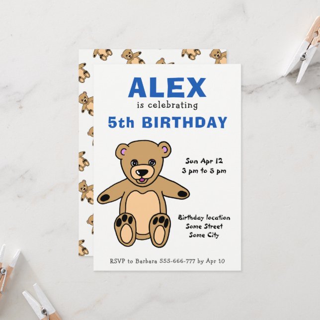 Cute Teddy Bear Kids Boy Birthday  Invitation (Front/Back In Situ)