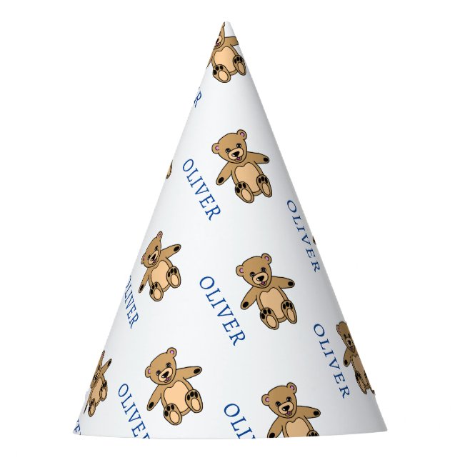 Cute Teddy Bear Kids Name Birthday Party Hat (Front)