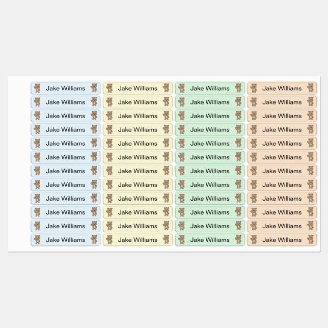 Cute Teddy Bear Kids' Name Clothing School Labels (Sheet)