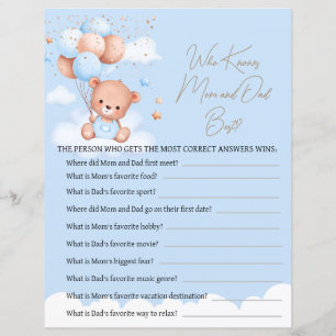 Cute teddy bear light blue baby shower game