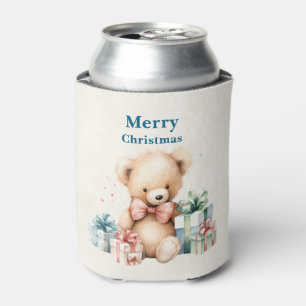 Cute Teddy Bear Merry Christmas Can Cooler