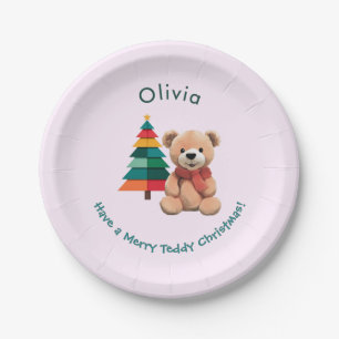 Cute Teddy Bear Merry Christmas Pink Holiday Paper Plate