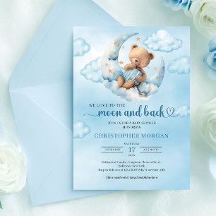 Cute teddy bear moon and back boy baby shower invitation