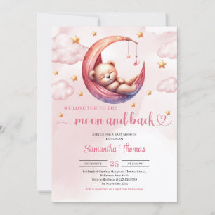 Cute Teddy bear moon and back girl baby shower Invitation