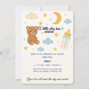 Cute Teddy Bear & Moon Baby Boy Arrival Invitation