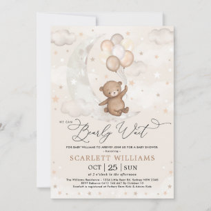 Cute Teddy Bear Moon Balloons Neutral Baby Shower Invitation