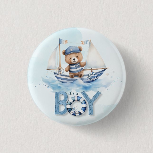 Cute Teddy Bear Nautical Boat Boy Baby Shower 3 Cm Round Badge (Front)